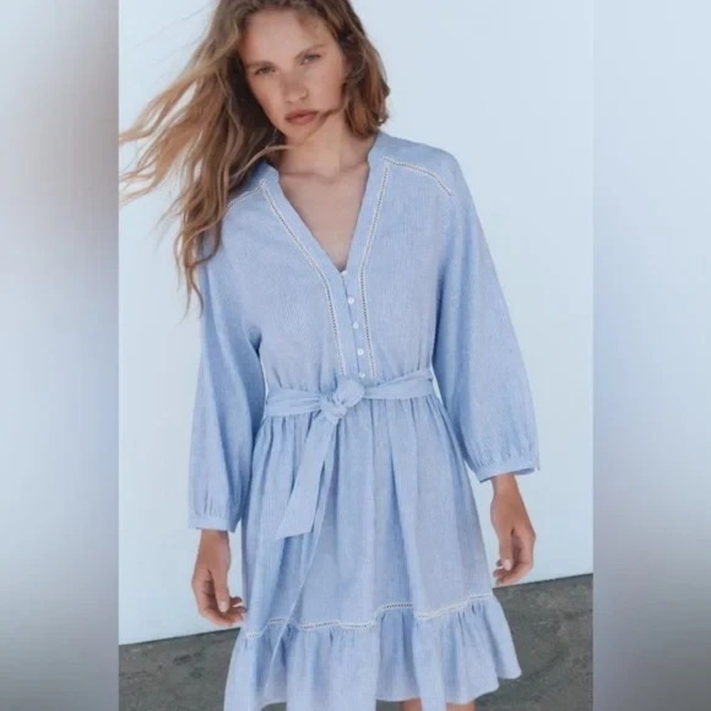 Zara Long Sleeve Linen Blend Dress - Blue White Striped V-Neck - Womens -  S